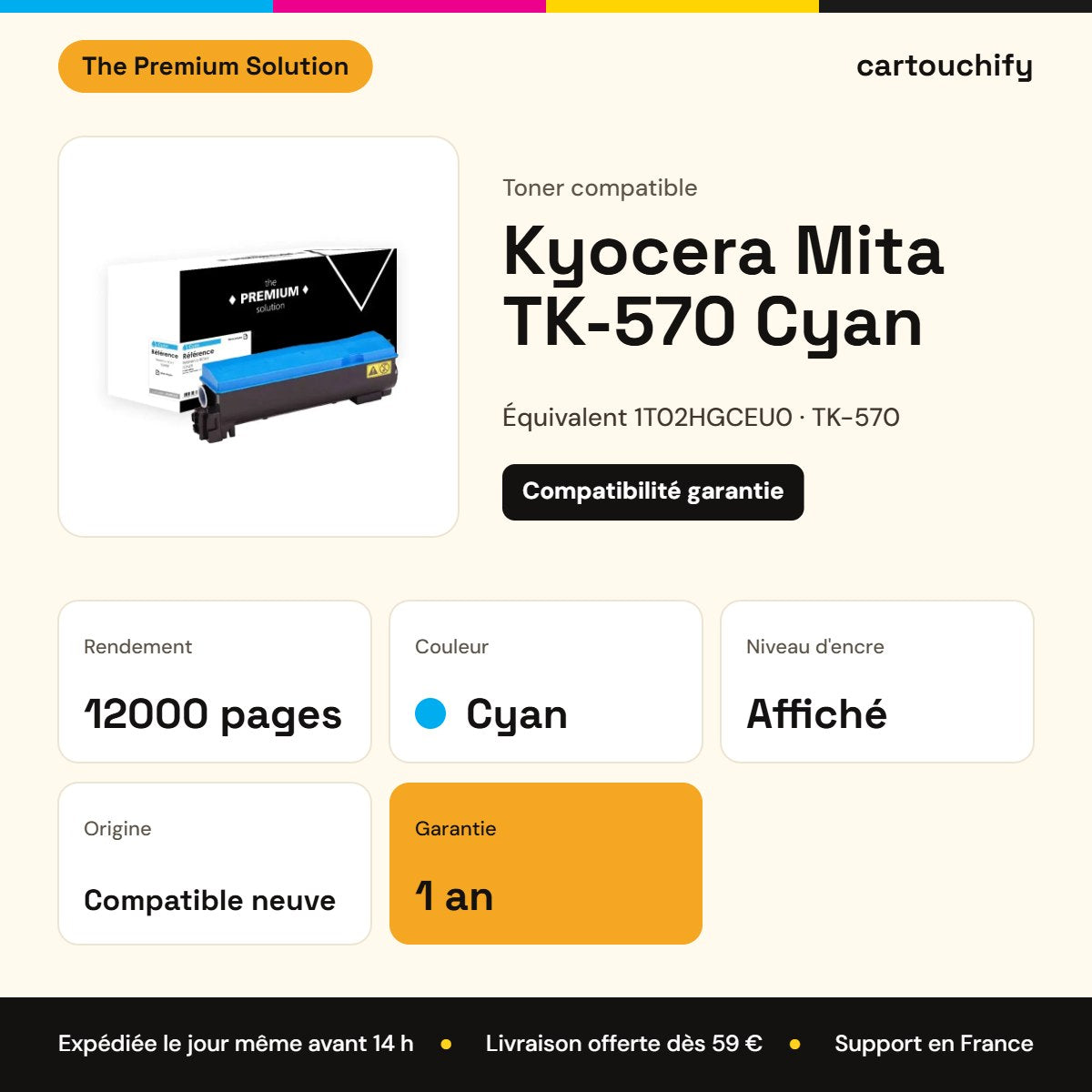 Kyocera Mita TK-570 Toner Cyan compatible équivalent à 1T02HGCEU0 : caractéristiques