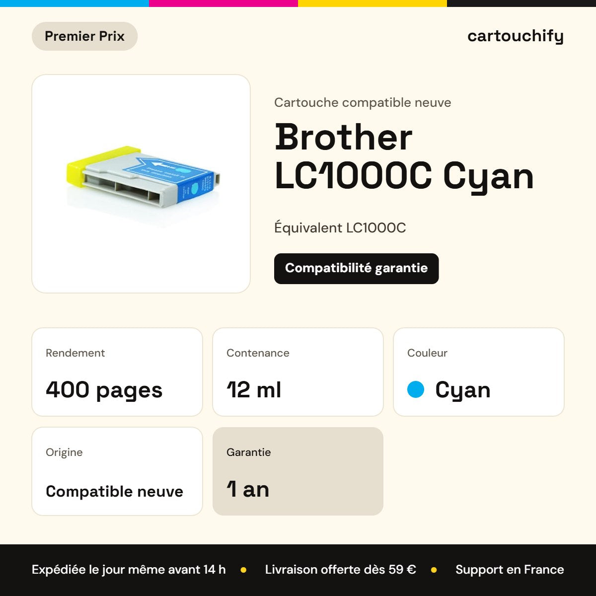 Brother LC1000C Cyan Premier Prix : rendement 400 pages, 12 ml, garantie 1 an