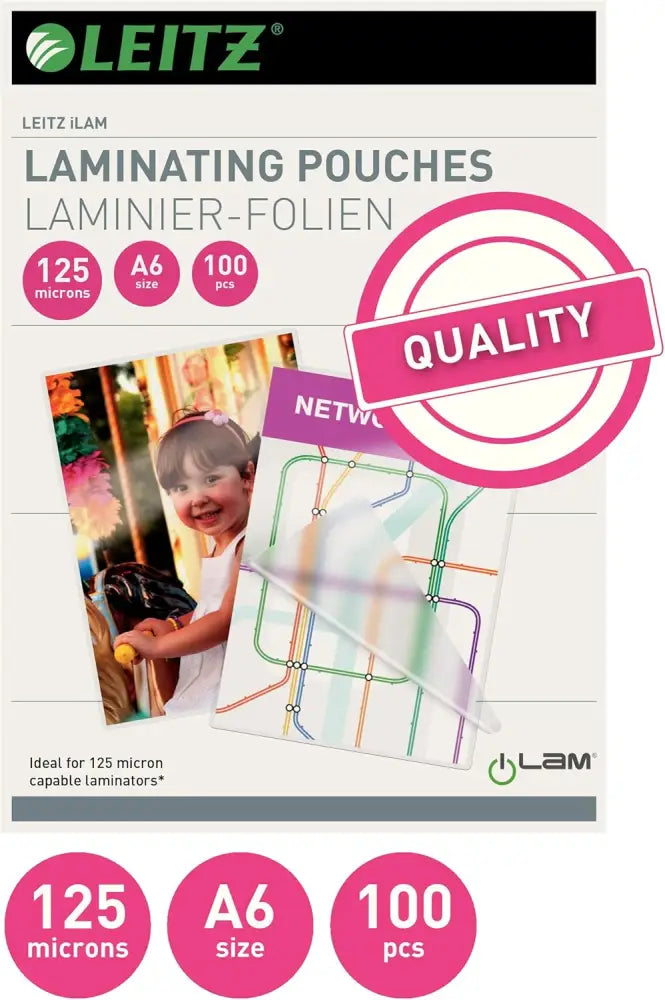 LEITZ Pochette de plastification A6 brillant 250 microns - Plastifieuses & accessoires