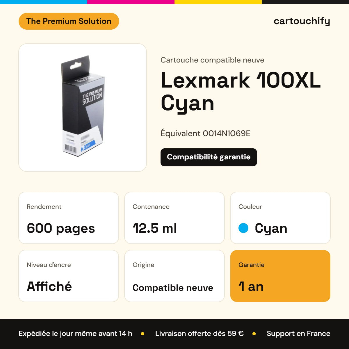 Lexmark 100XL Cartouche Cyan compatible équivalent à 0014N1069E : caractéristiques