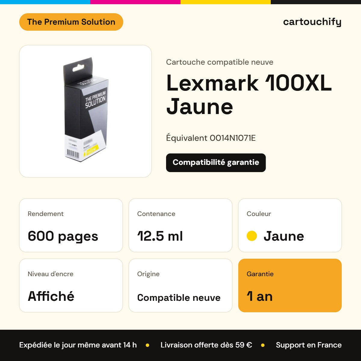 Lexmark 100XL Cartouche Jaune compatible équivalent à 0014N1071E : caractéristiques