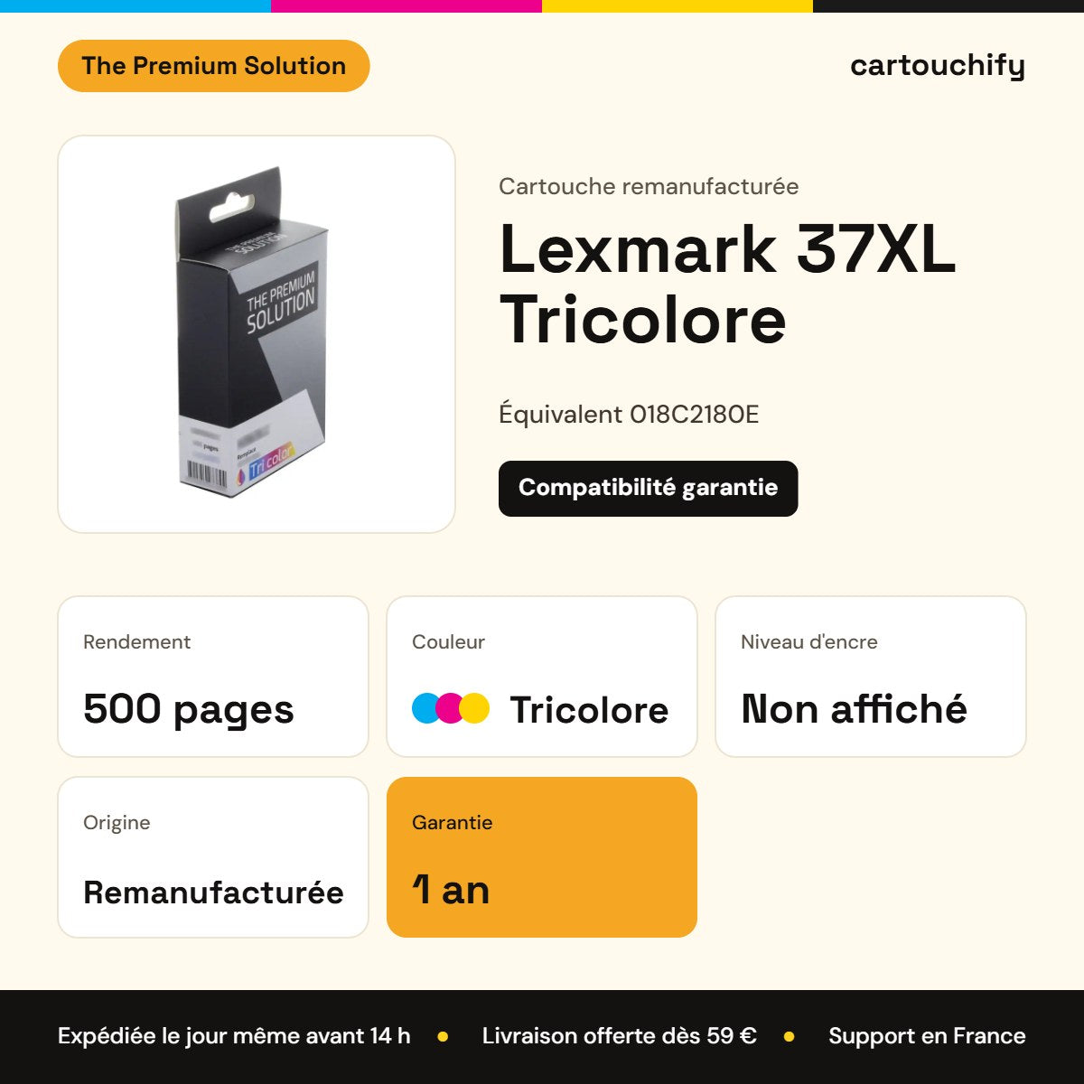 Lexmark 37XL Cartouche Tricolore remanufacturé équivalent à 018C2180E : caractéristiques