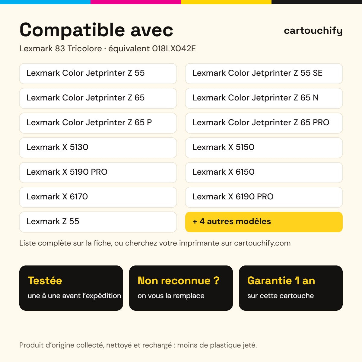 Imprimantes compatibles avec Lexmark 83 Cartouche Tricolore remanufacturé équivalent à 018LX042E