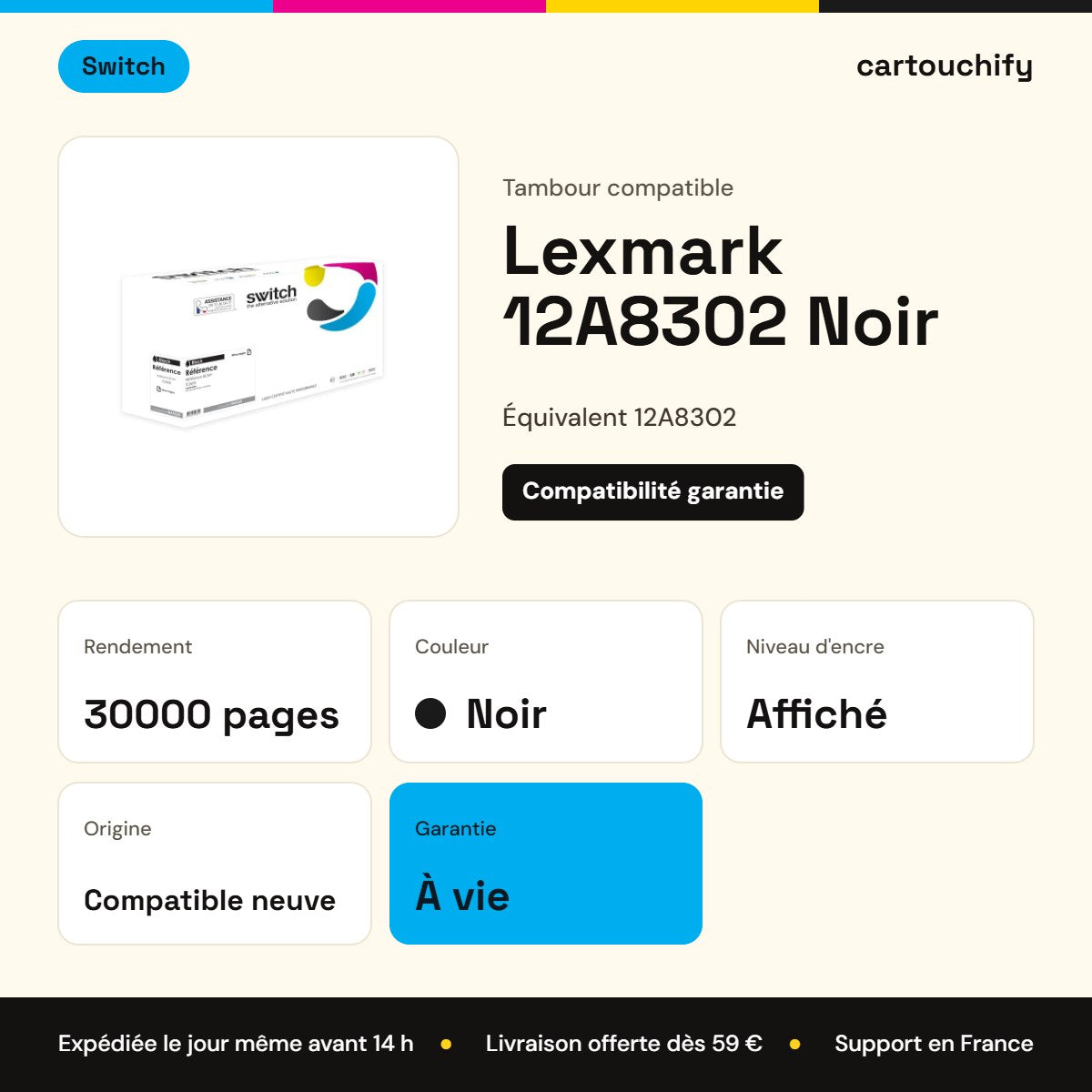 Lexmark 12A8302 Tambour Noir compatible · Switch : caractéristiques