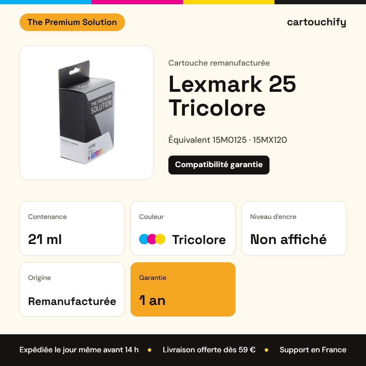 Lexmark 25 Cartouche Tricolore remanufacturé équivalent à 15M0125, 15MX120 : caractéristiques