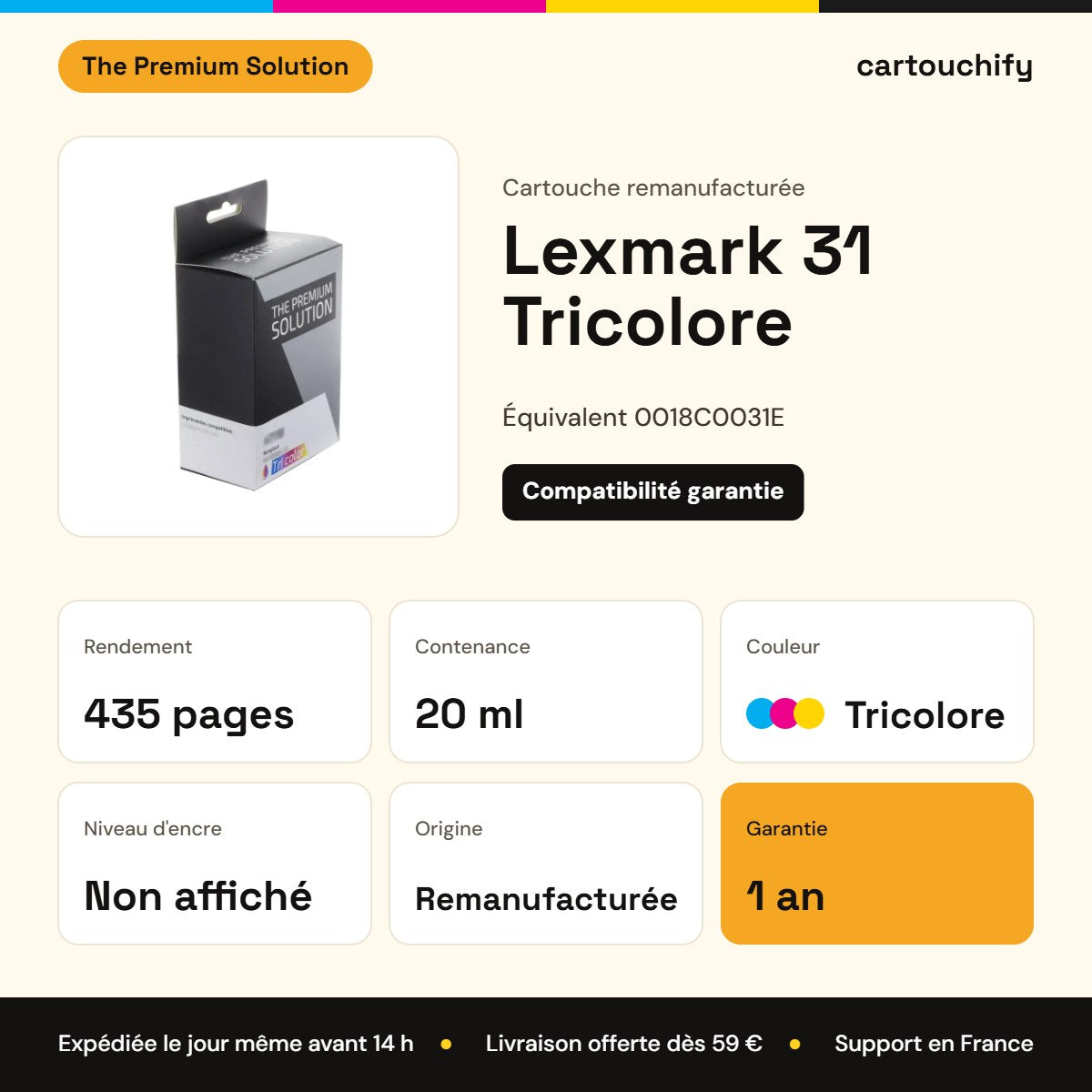 Lexmark 31 Cartouche Tricolore remanufacturé équivalent à 0018C0031E : caractéristiques