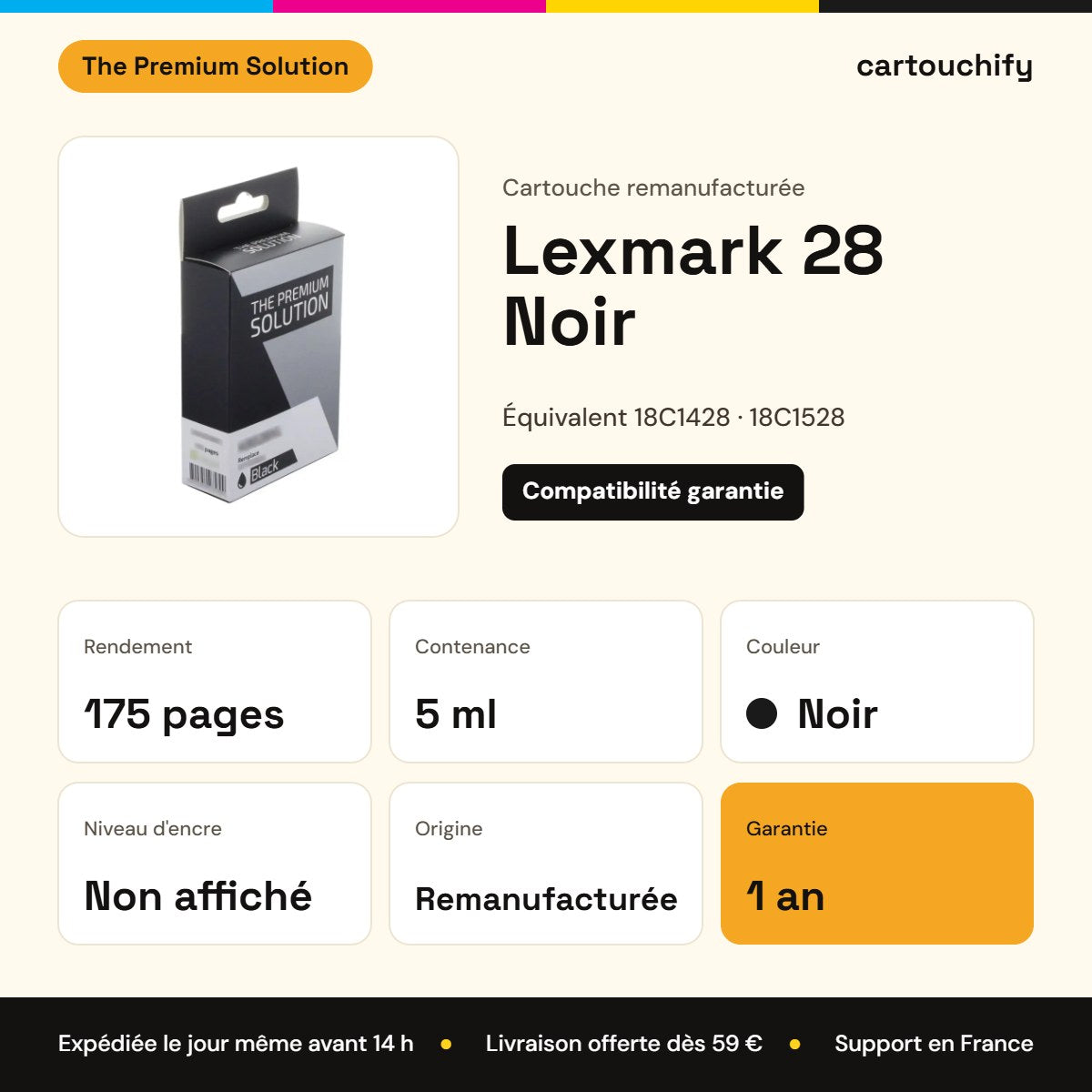 Lexmark 28 Cartouche Noir remanufacturé équivalent à 18C1428, 18C1528 : caractéristiques