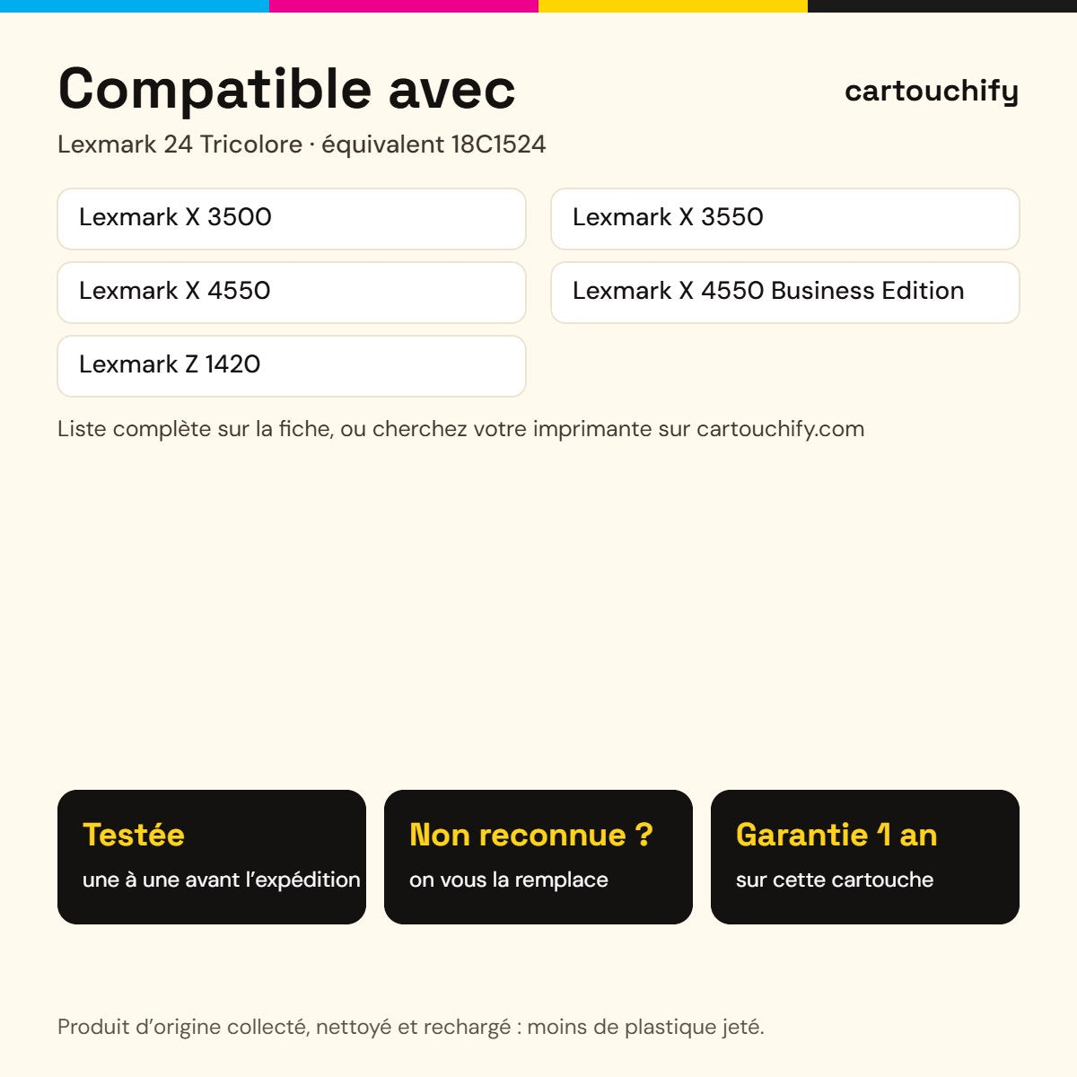 Imprimantes compatibles avec Lexmark 24 Cartouche Tricolore remanufacturé équivalent à 18C1524, 18C1624