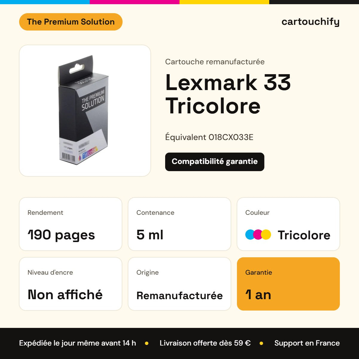 Lexmark 33 Cartouche Tricolore remanufacturé équivalent à 018CX033E : caractéristiques