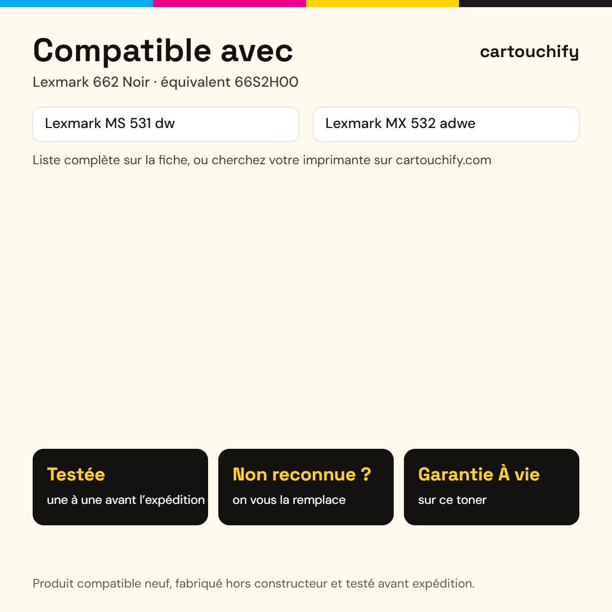 Imprimantes compatibles avec Lexmark 662 Toner Noir compatible équivalent à 66S2H00 · Switch