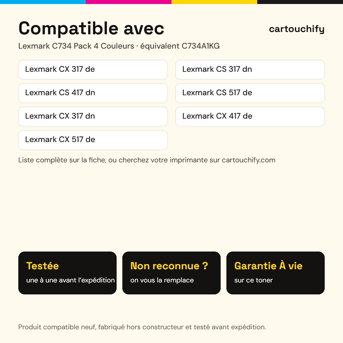 Imprimantes compatibles avec Lexmark C734 Toner Pack 4 Couleurs compatible équivalent à C734A1KG, C734A1CG, C734A1MG · Switch