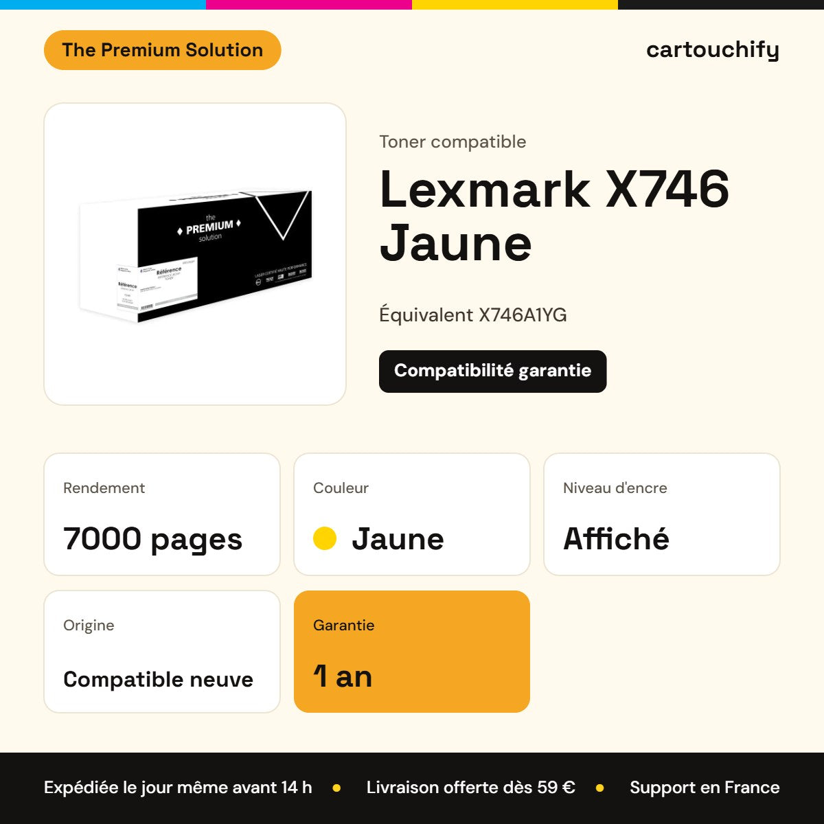 Lexmark X746 Toner Jaune compatible équivalent à X746A1YG : caractéristiques