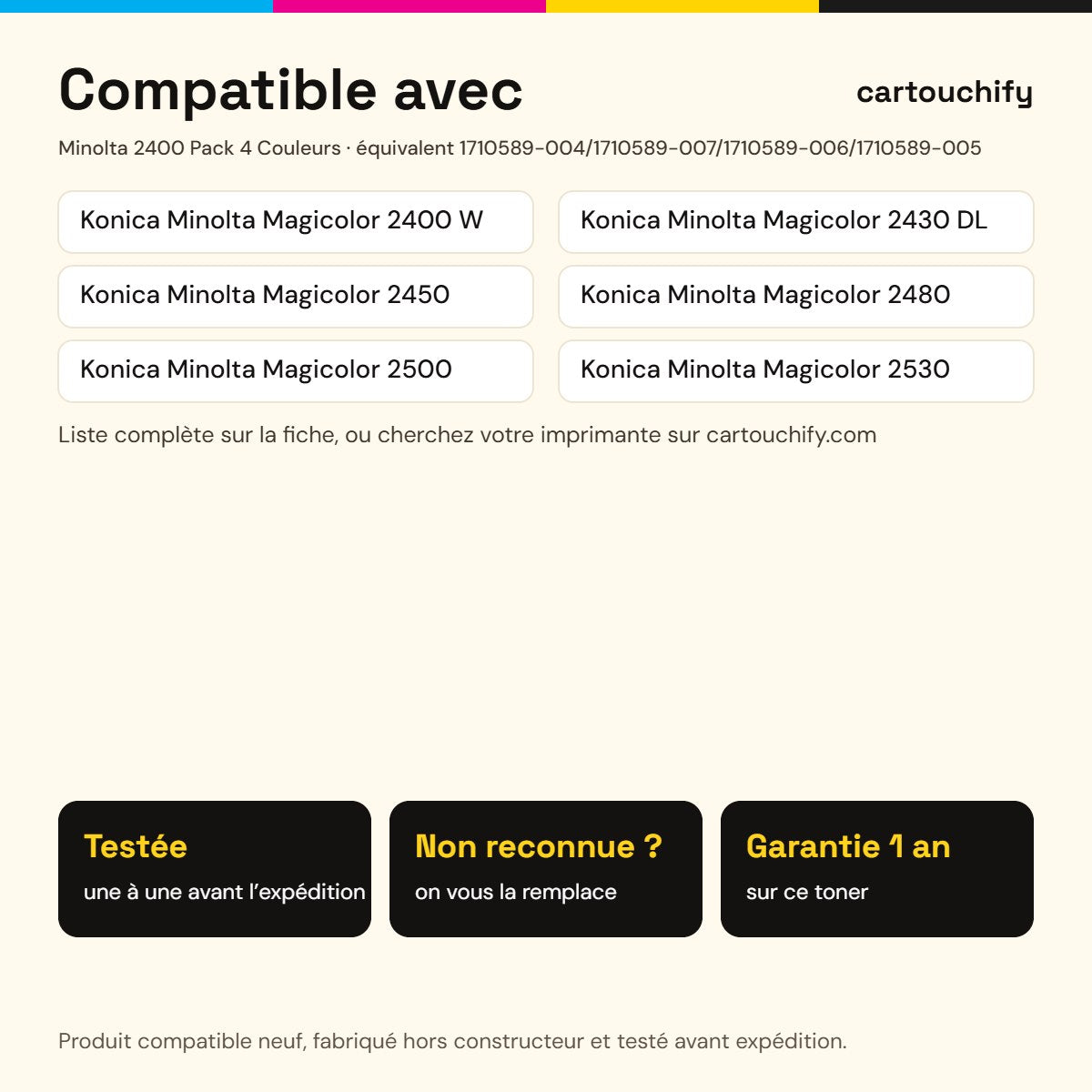 Imprimantes compatibles avec Minolta 2400 Toner Pack 4 Couleurs compatible équivalent à 1710589-004, 1710589-007, 1710589-006