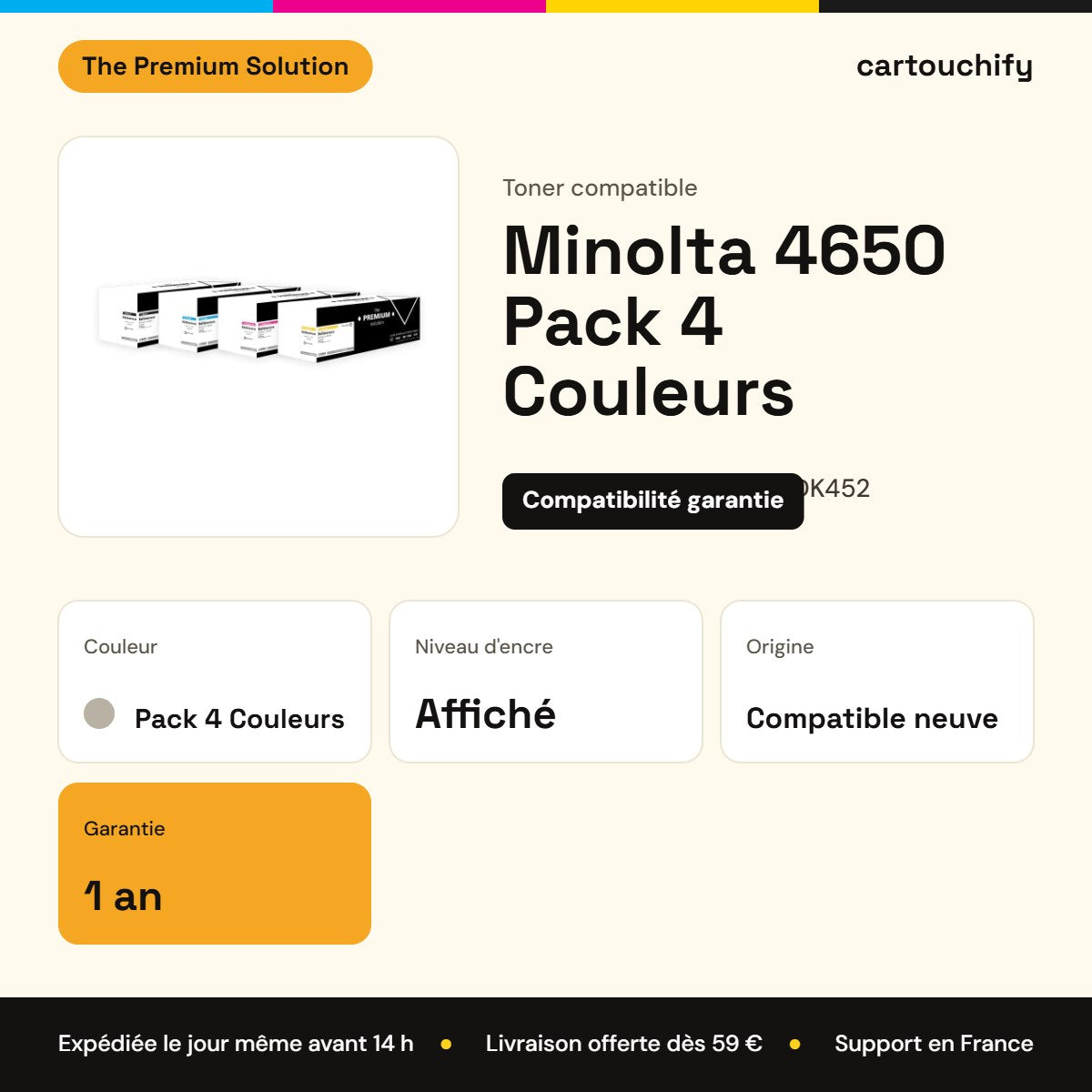 Minolta 4650 Toner Pack 4 Couleurs compatible équivalent à A0DK152, A0DK452, A0DK352 : caractéristiques