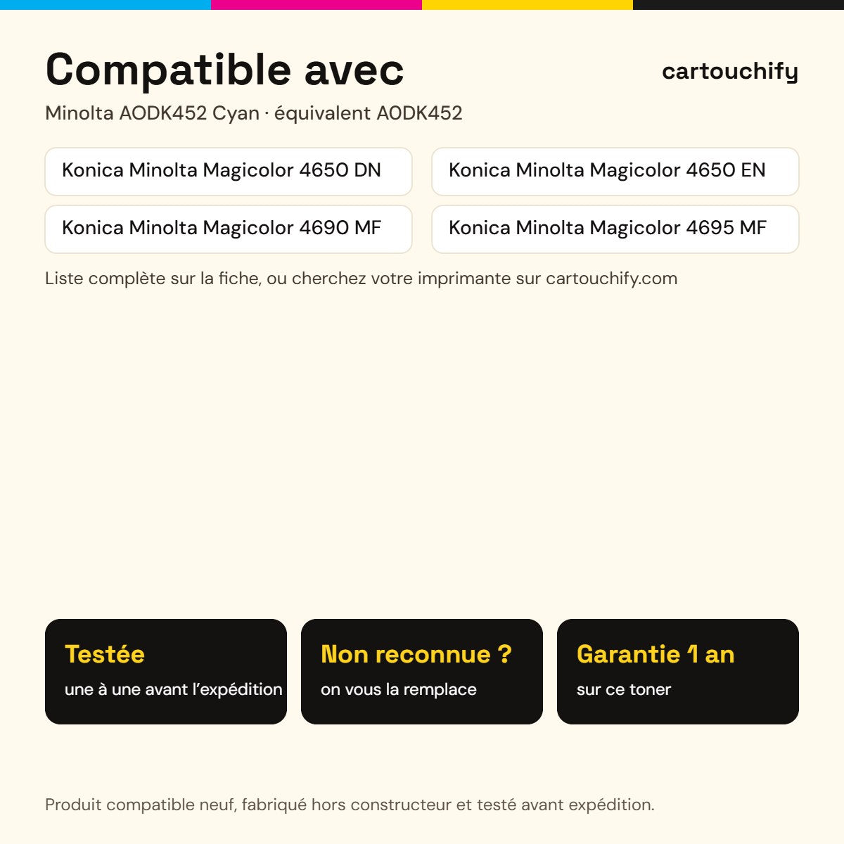 Imprimantes compatibles avec Minolta AODK452 Toner Cyan compatible équivalent à A0DK452