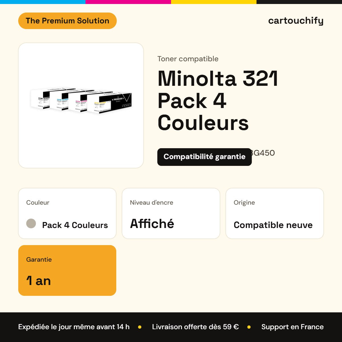 Minolta 321 Toner Pack 4 Couleurs compatible équivalent à A11G150K, A33G450, A33G350 : caractéristiques