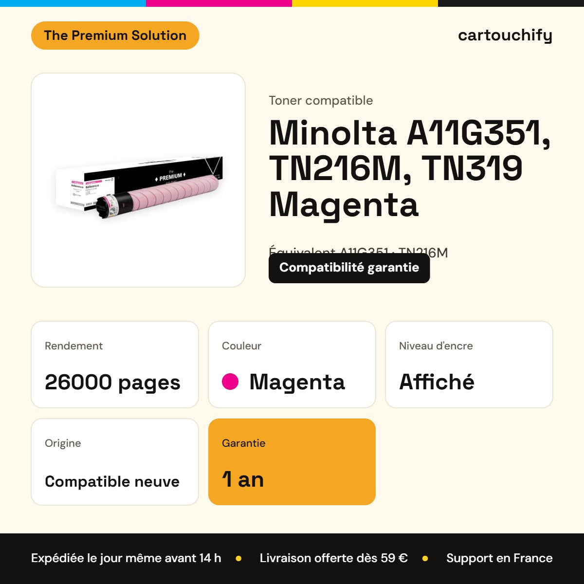 Minolta A11G351, TN216M, TN319 Toner Magenta compatible équivalent à A11G351, TN216M, TN319M : caractéristiques