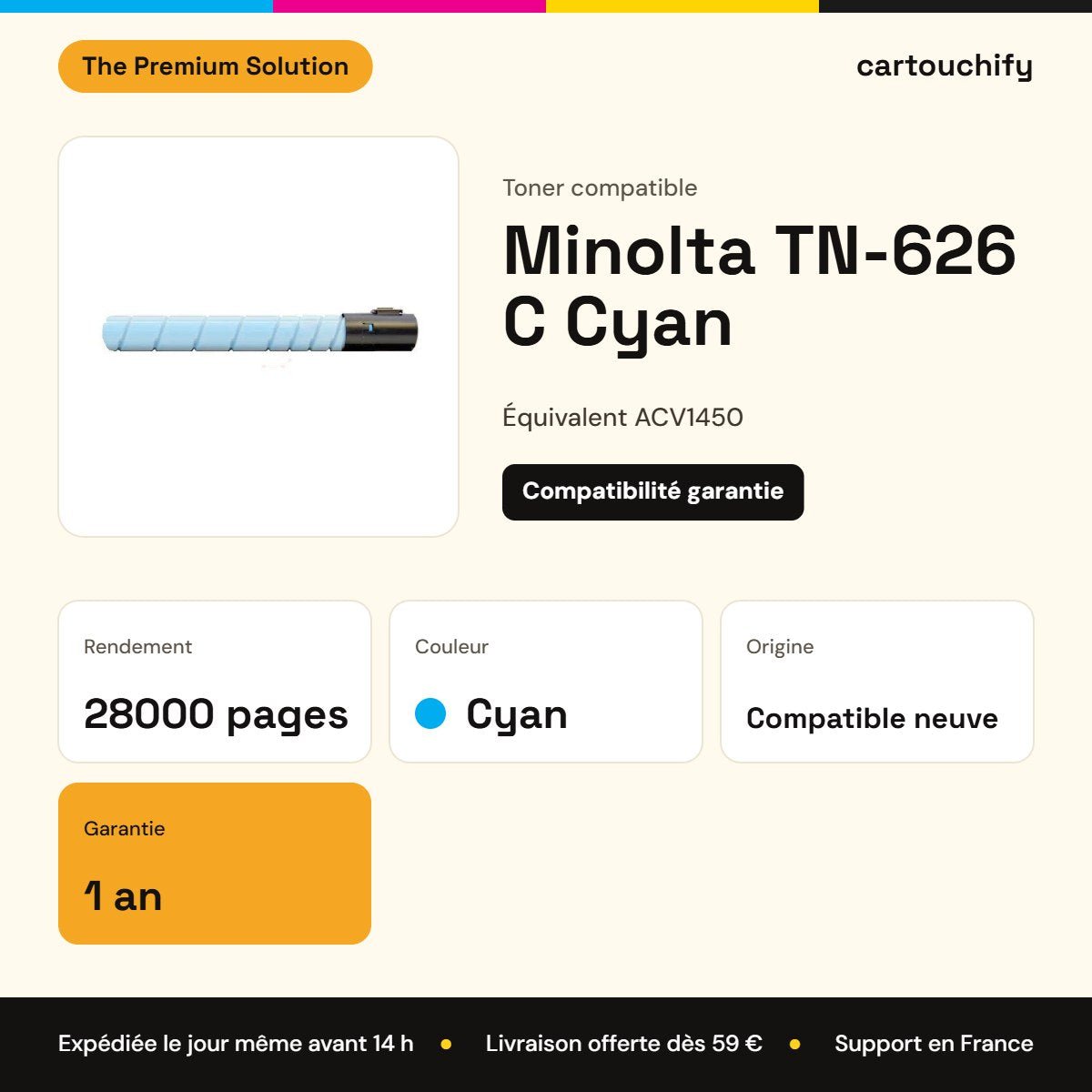 Minolta TN-626 C Toner Cyan compatible équivalent à ACV1450 · Premier Prix : caractéristiques