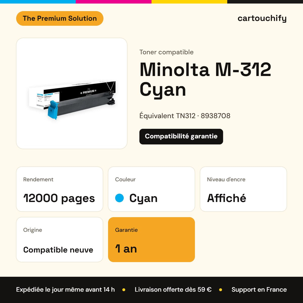 Minolta M-312 Toner Cyan compatible équivalent à TN312, 8938708 : caractéristiques