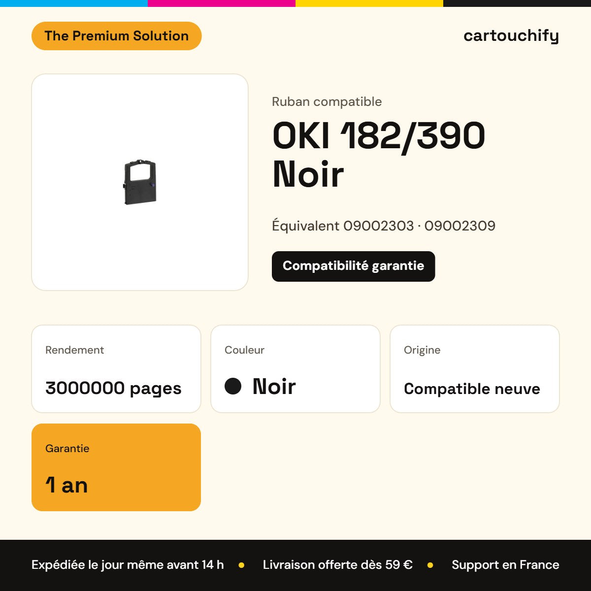OKI 182/390 Ruban Noir compatible équivalent à 09002303, 09002309, 182 : caractéristiques