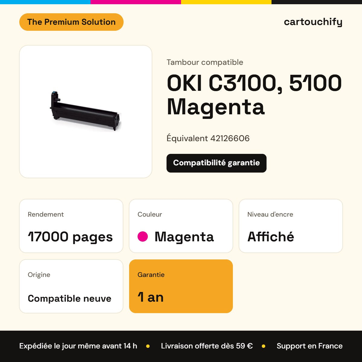 OKI C3100, 5100 Tambour Magenta compatible équivalent à 42126606 : caractéristiques