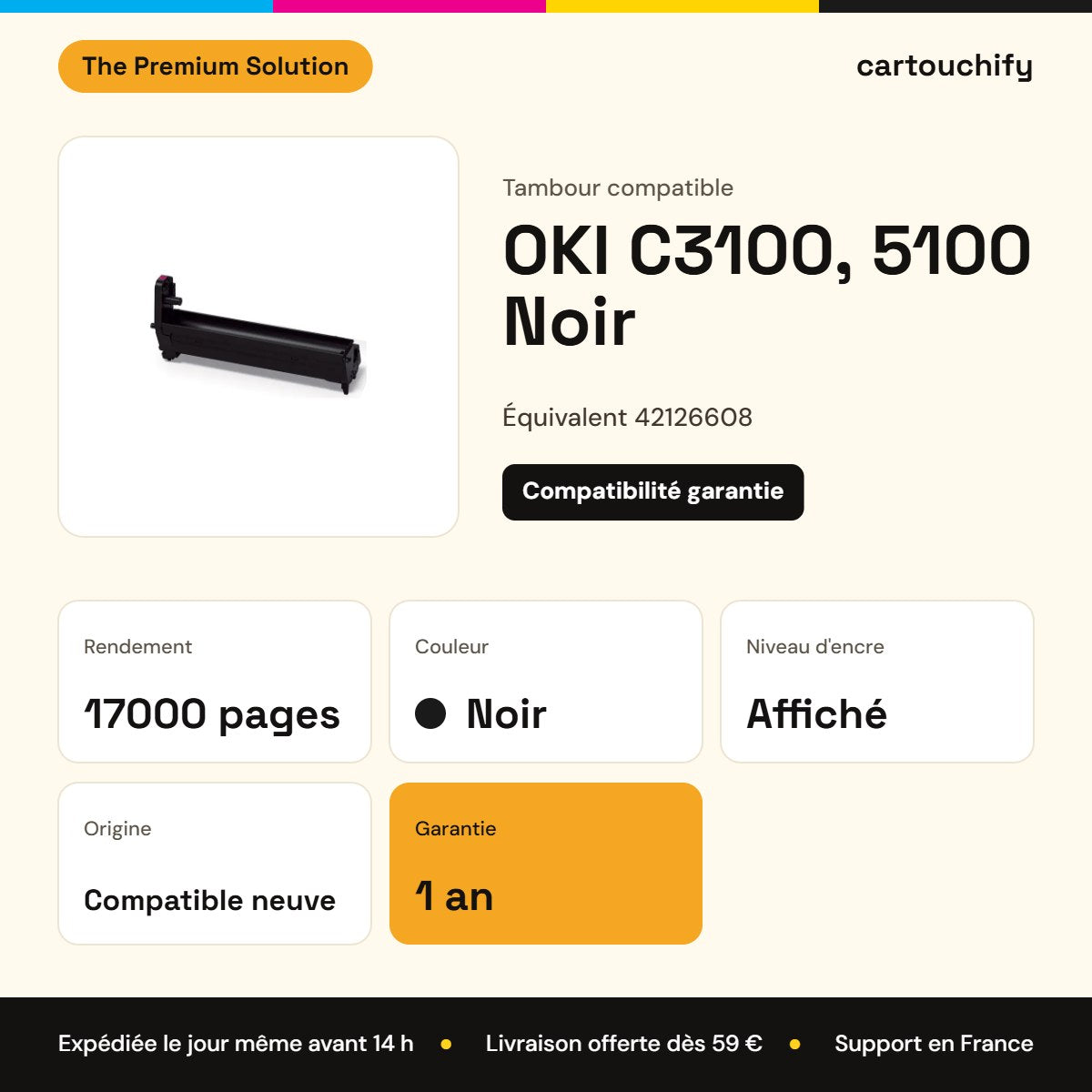 OKI C3100, 5100 Tambour Noir compatible équivalent à 42126608 : caractéristiques