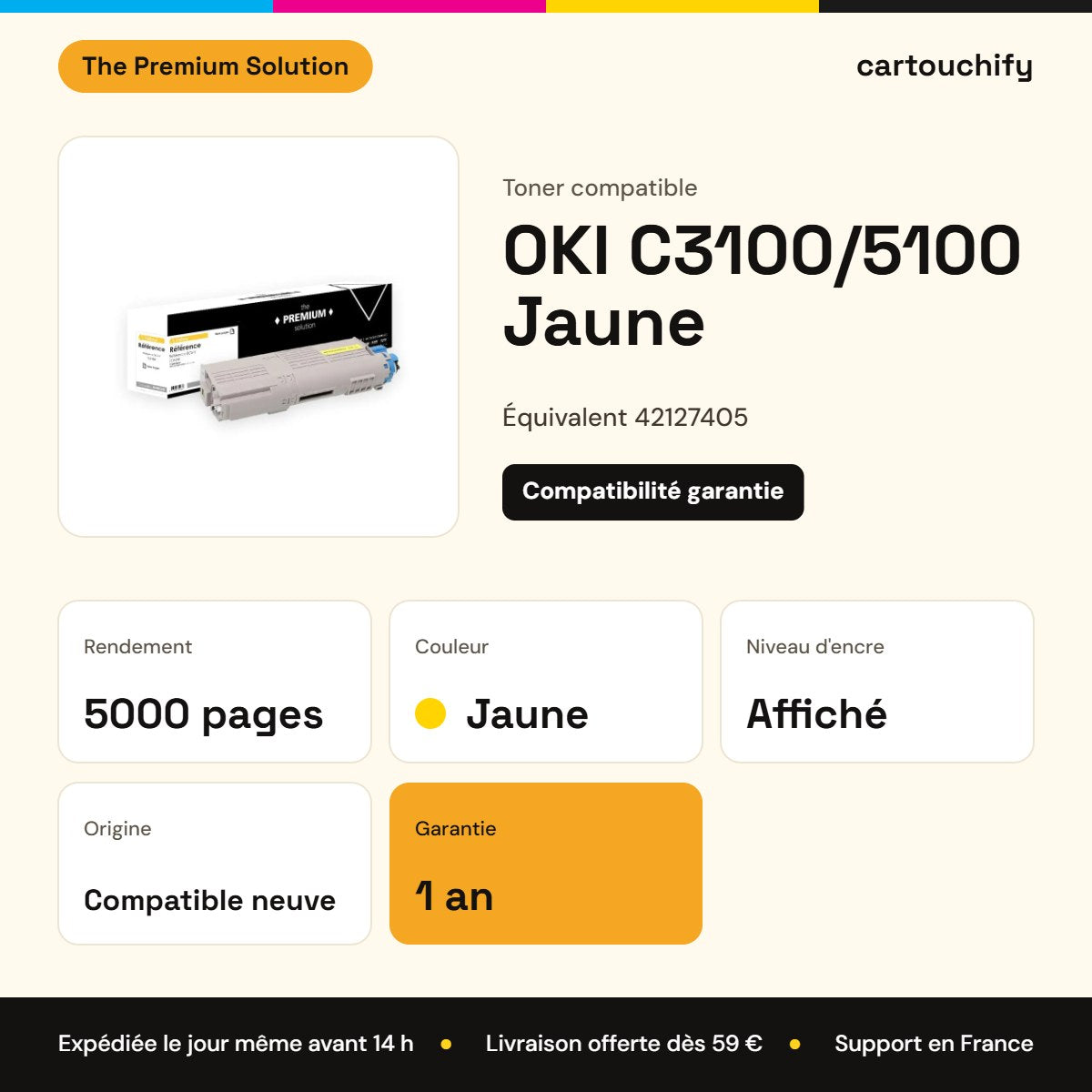 OKI C3100/5100 Toner Jaune compatible équivalent à 42127405 : caractéristiques