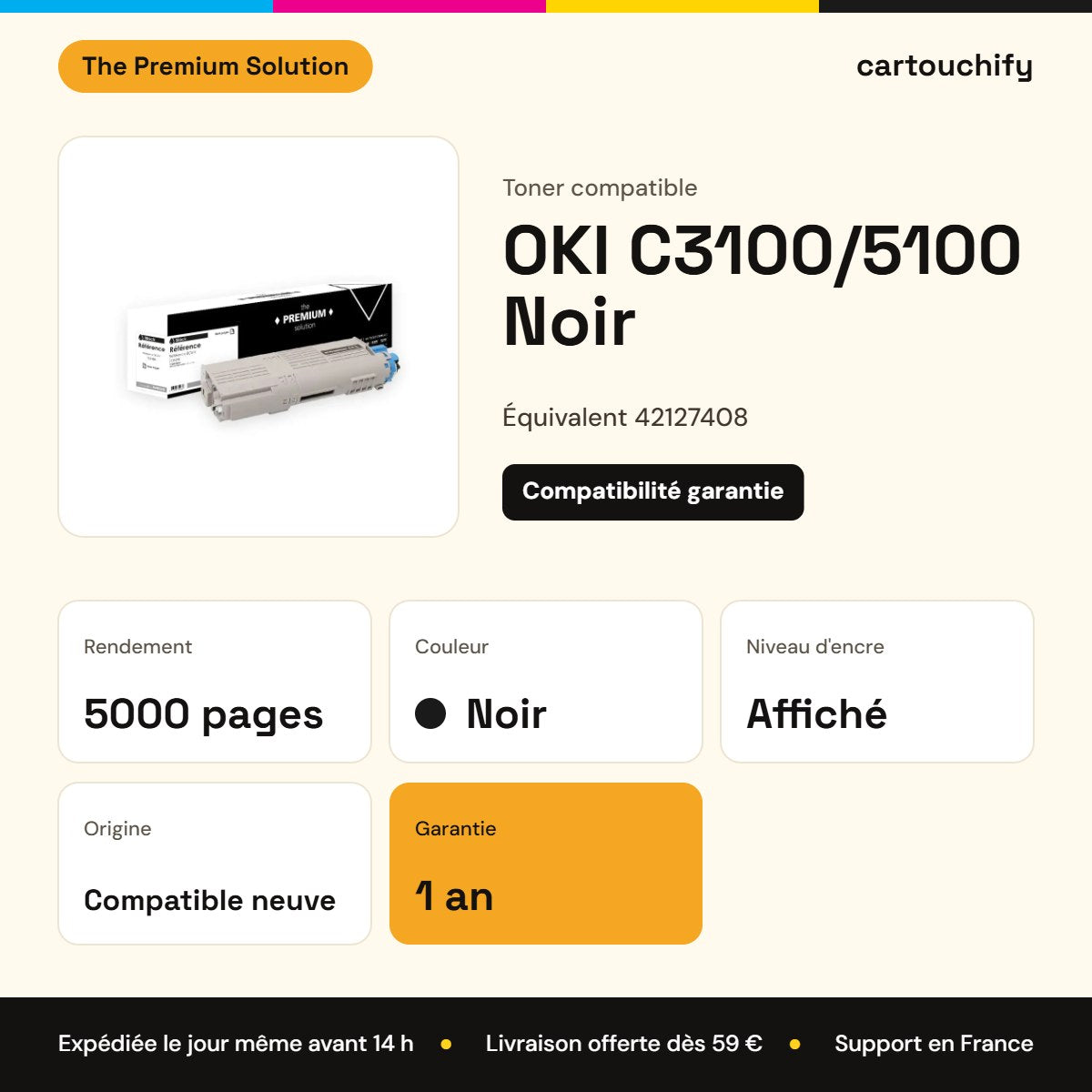 OKI C3100/5100 Toner Noir compatible équivalent à 42127408 : caractéristiques