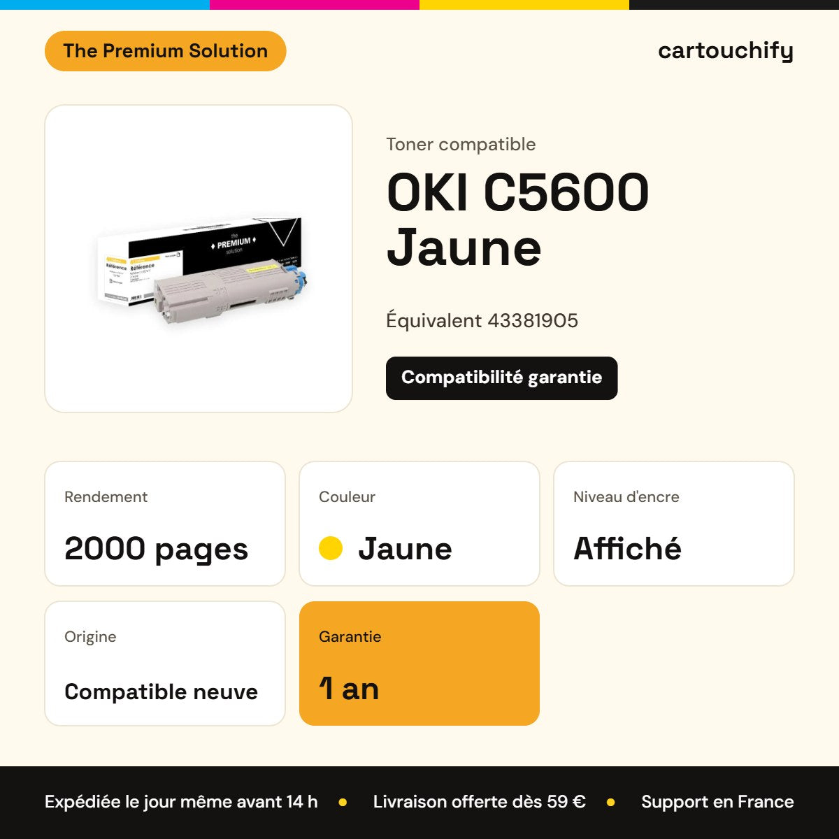 OKI C5600 Toner Jaune compatible équivalent à 43381905 : caractéristiques