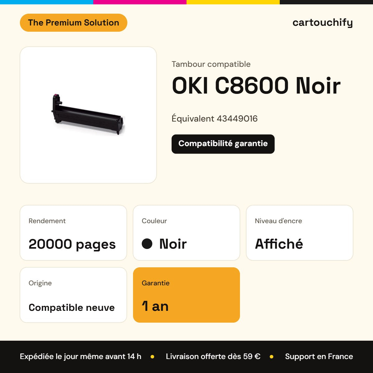 OKI C8600 Tambour Noir compatible équivalent à 43449016 : caractéristiques