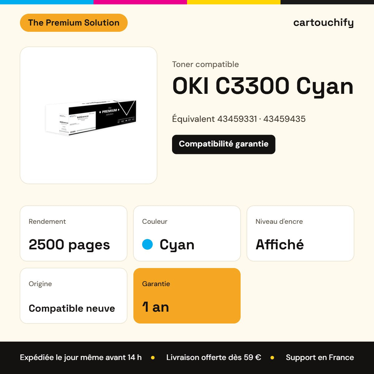 OKI C3300 Toner Cyan compatible équivalent à 43459331, 43459435 : caractéristiques