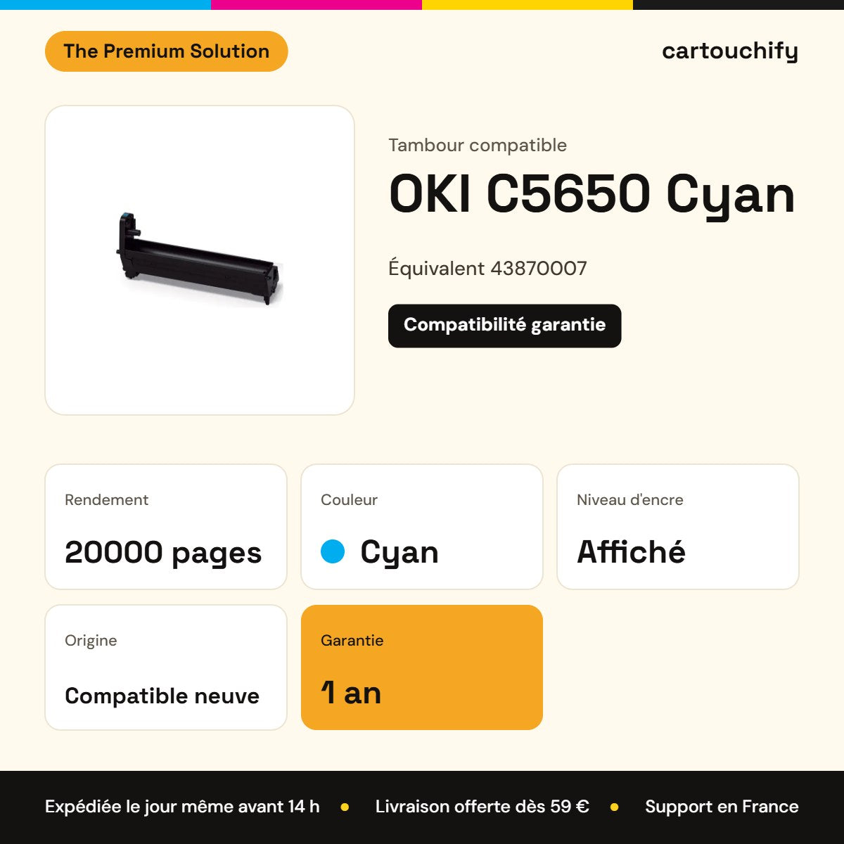 OKI C5650 Tambour Cyan compatible équivalent à 43870007 : caractéristiques
