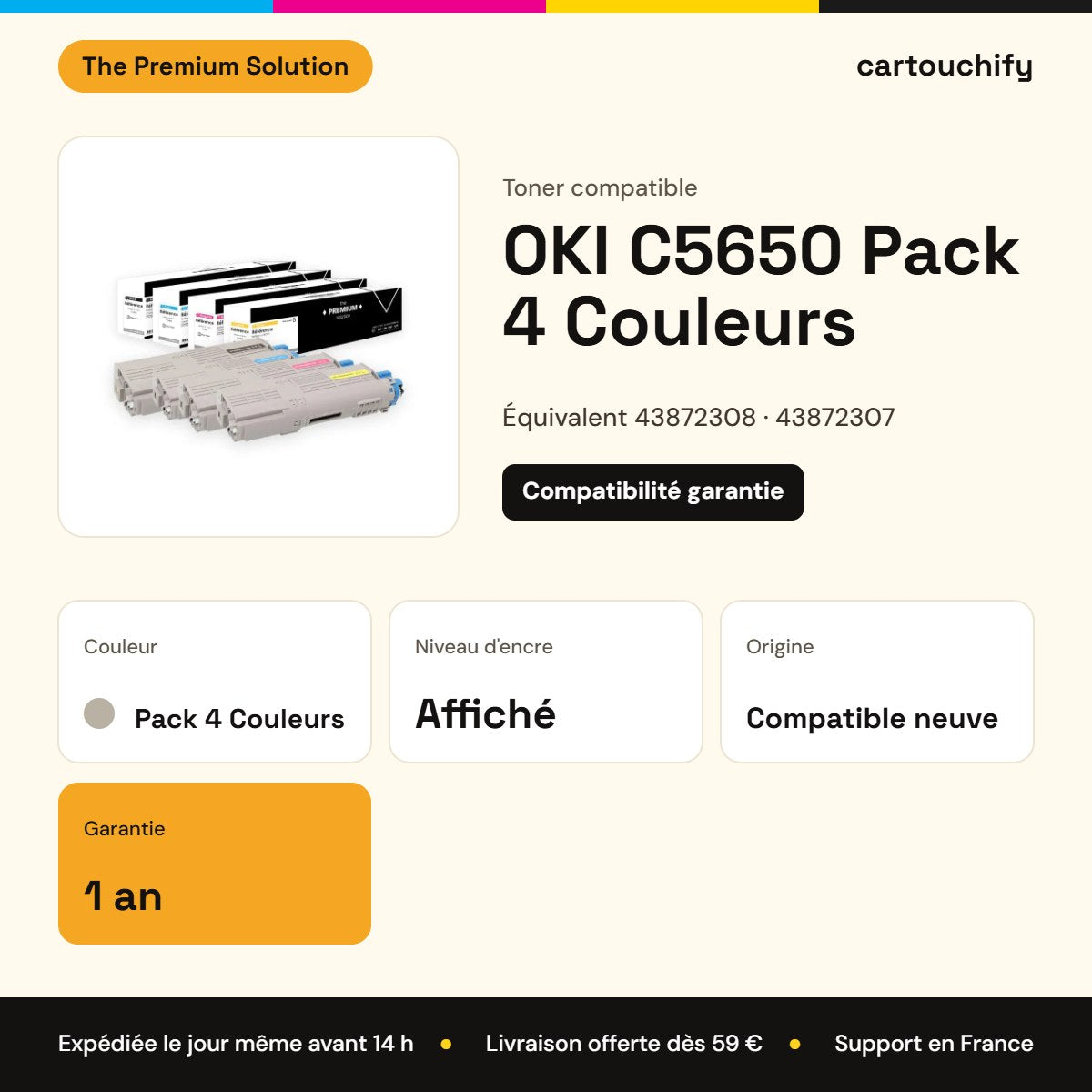 OKI C5650 Toner Pack 4 Couleurs compatible équivalent à 43872308, 43872307, 43872306 : caractéristiques