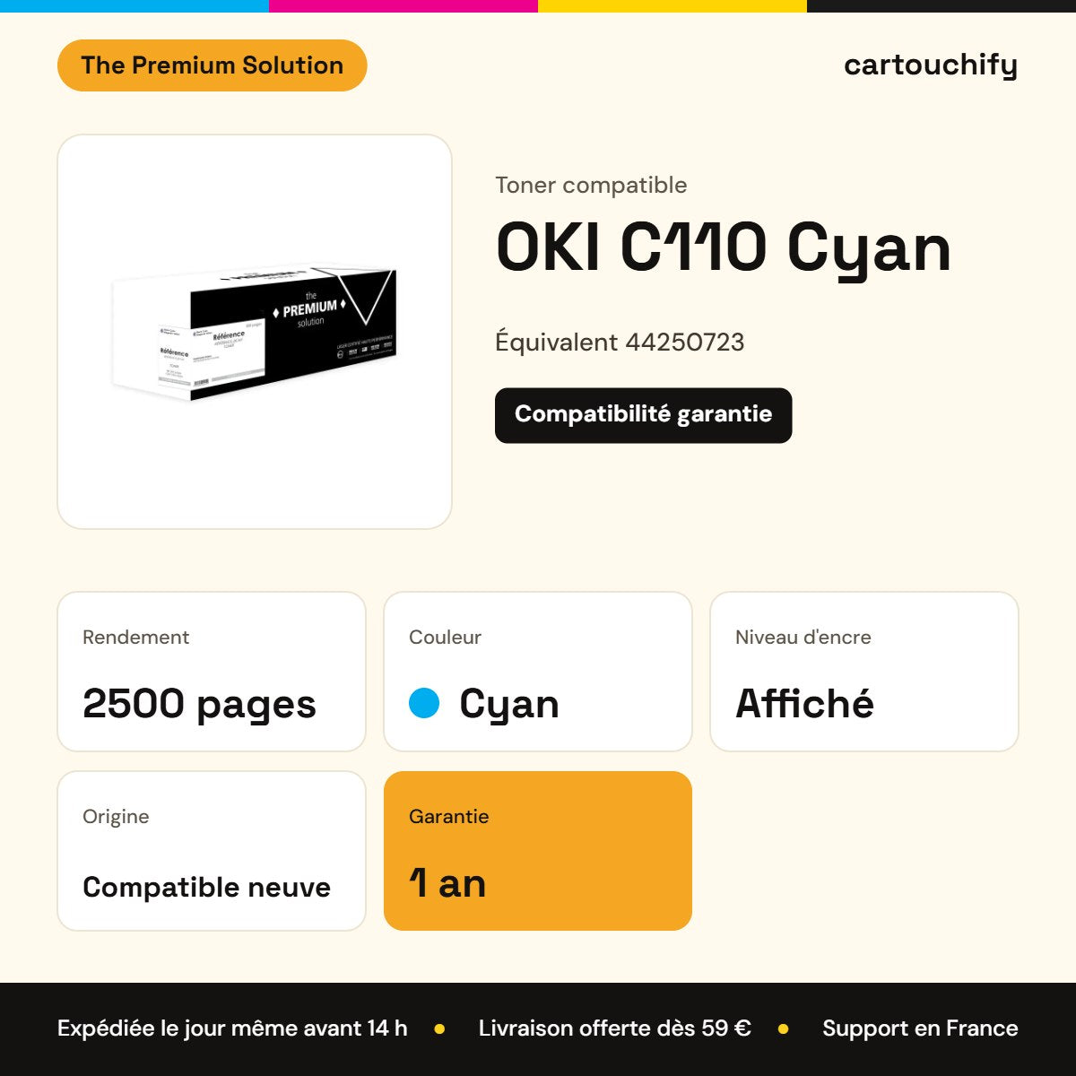 OKI C110 Toner Cyan compatible équivalent à 44250723 : caractéristiques