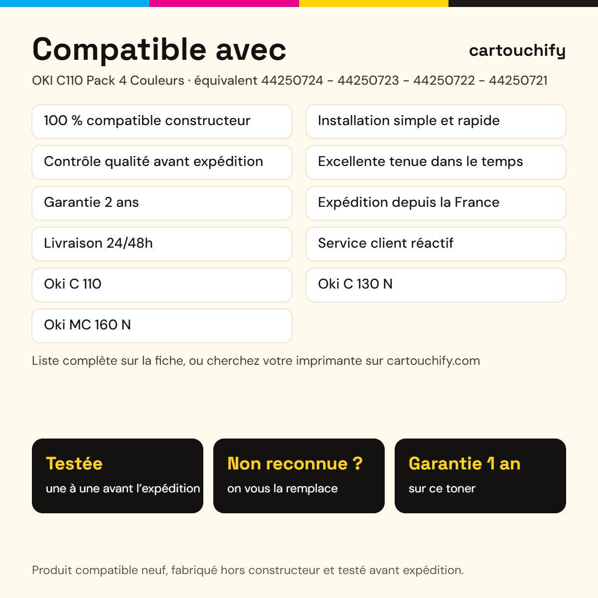 Imprimantes compatibles avec OKI C110 Toner Pack 4 Couleurs compatible équivalent à 44250724, 44250723, 44250722