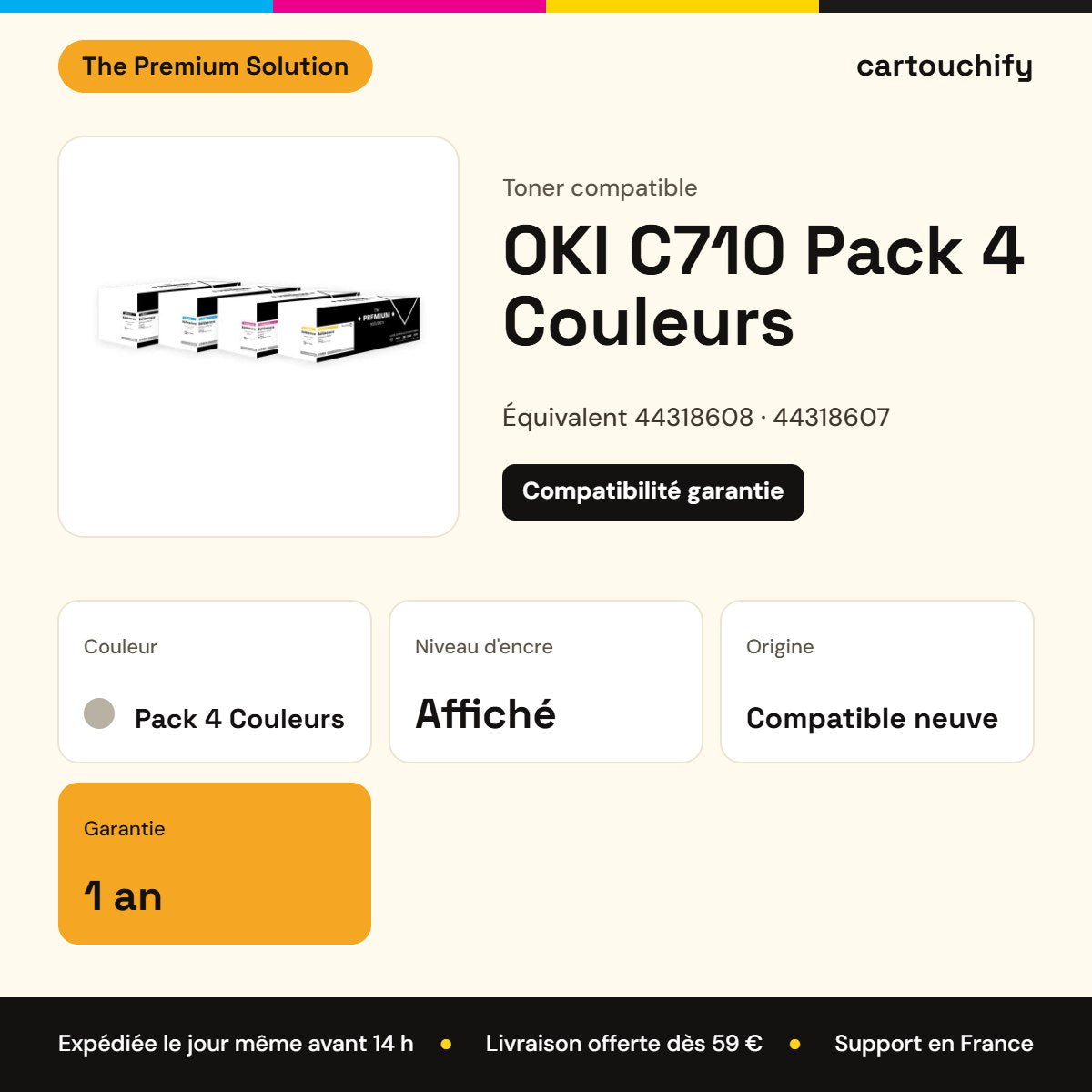 OKI C710 Toner Pack 4 Couleurs compatible équivalent à 44318608, 44318607, 44318606 : caractéristiques