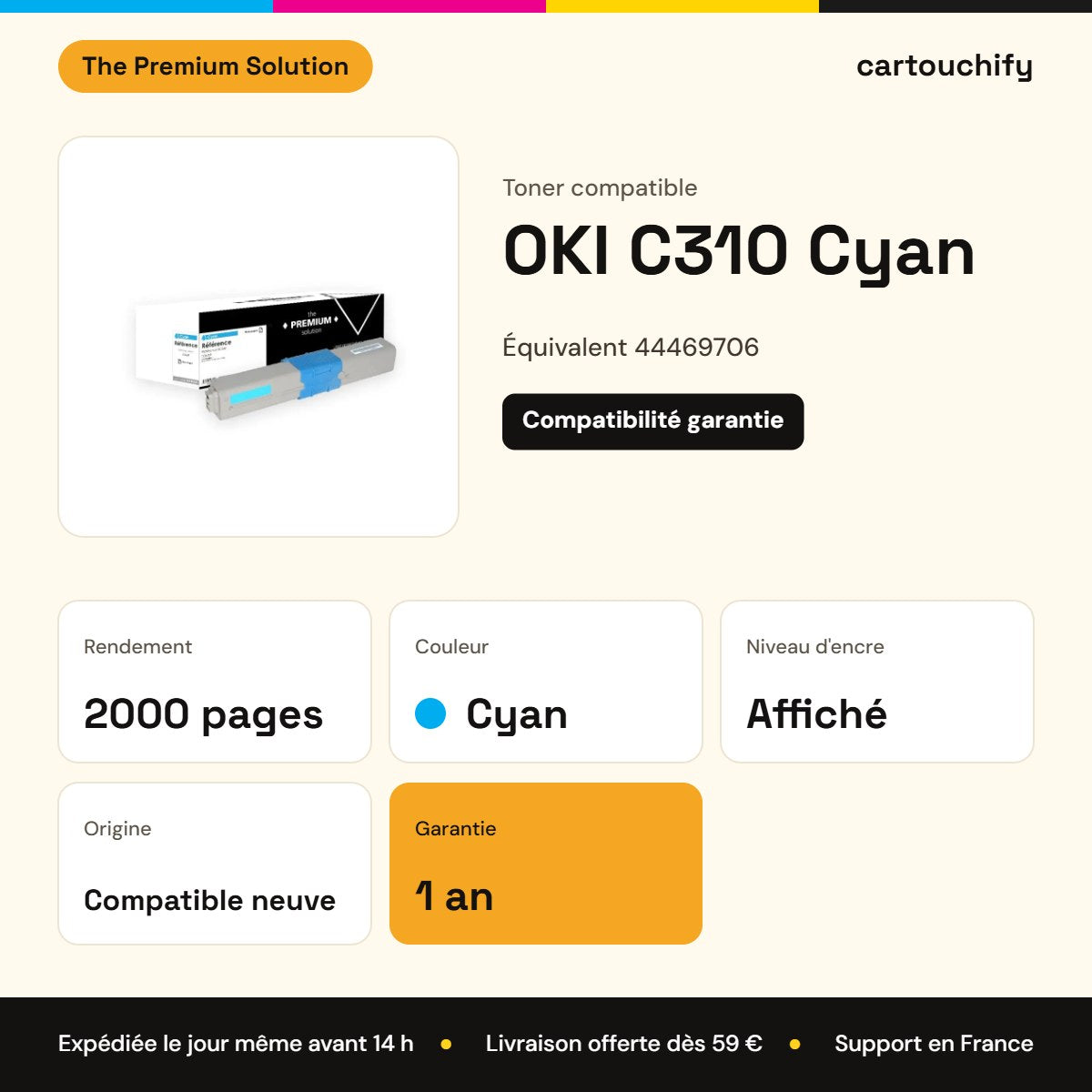OKI C310 Toner Cyan compatible équivalent à 44469706 : caractéristiques