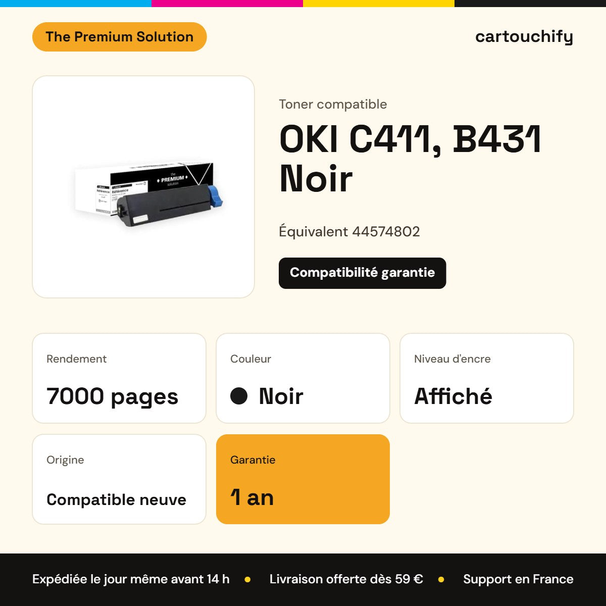 OKI C411, B431 Toner Noir compatible équivalent à 44574802 : caractéristiques