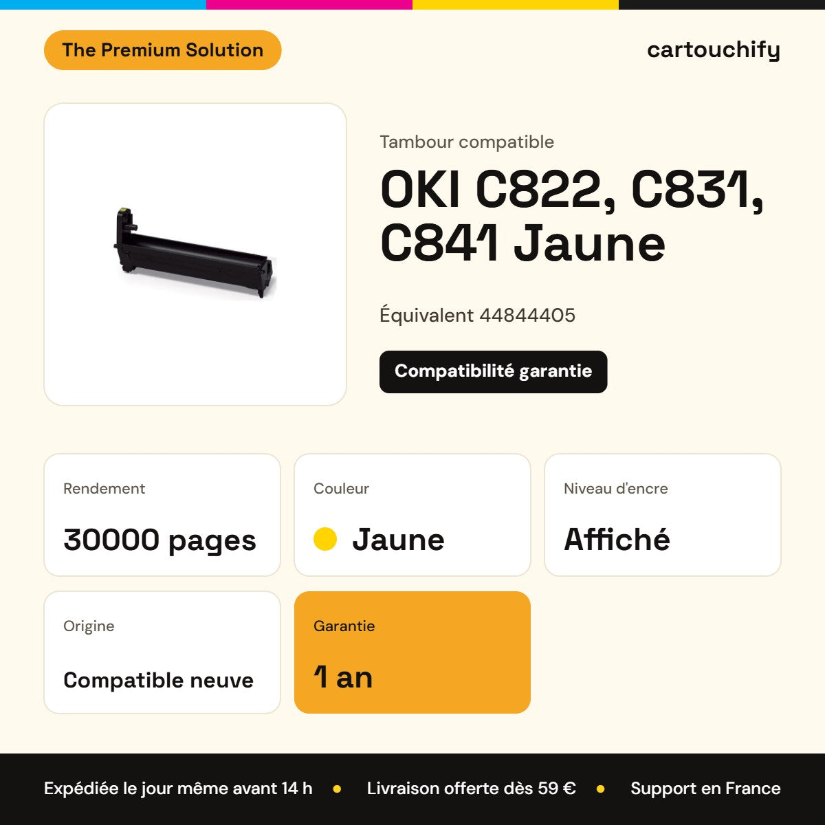 OKI C822, C831, C841 Tambour Jaune compatible équivalent à 44844405 : caractéristiques