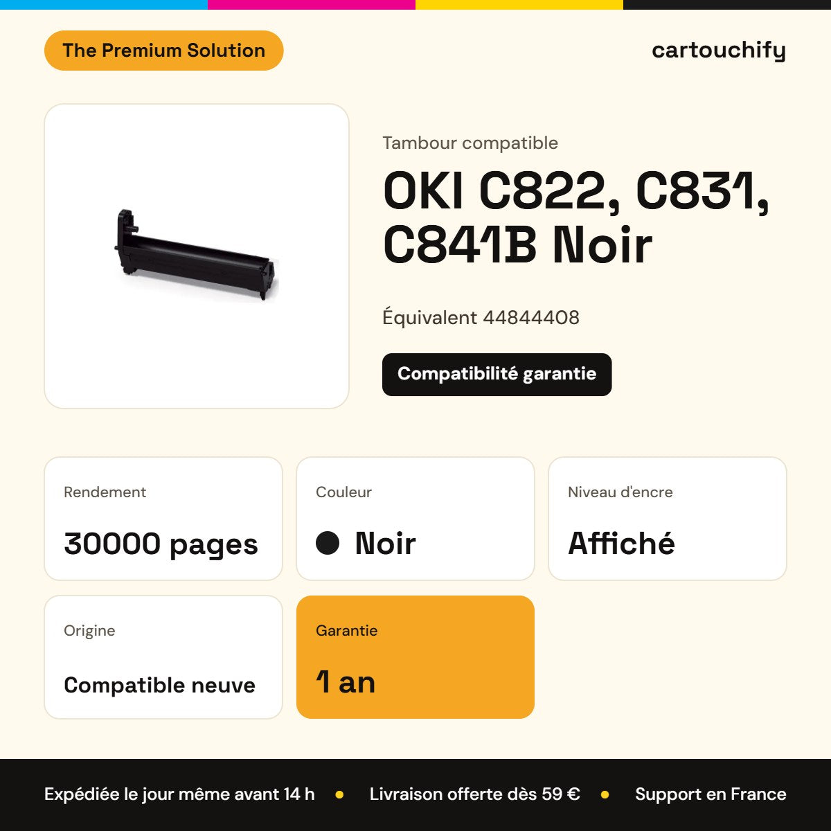 OKI C822, C831, C841B Tambour Noir compatible équivalent à 44844408 : caractéristiques
