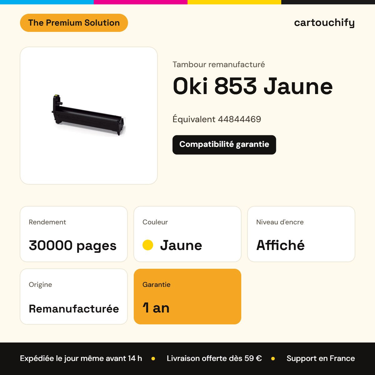 Oki 853 Tambour Jaune remanufacturé équivalent à 44844469 : caractéristiques