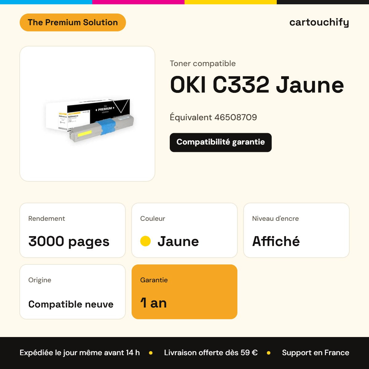 OKI C332 Toner Jaune compatible équivalent à 46508709 : caractéristiques