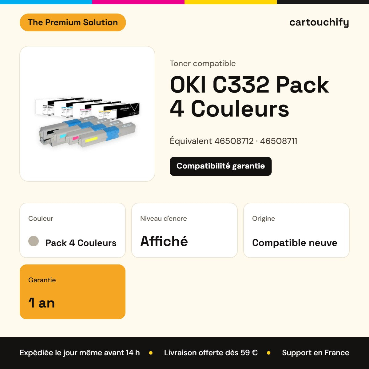 OKI C332 Toner Pack 4 Couleurs compatible équivalent à 46508712, 46508711, 46508710 : caractéristiques