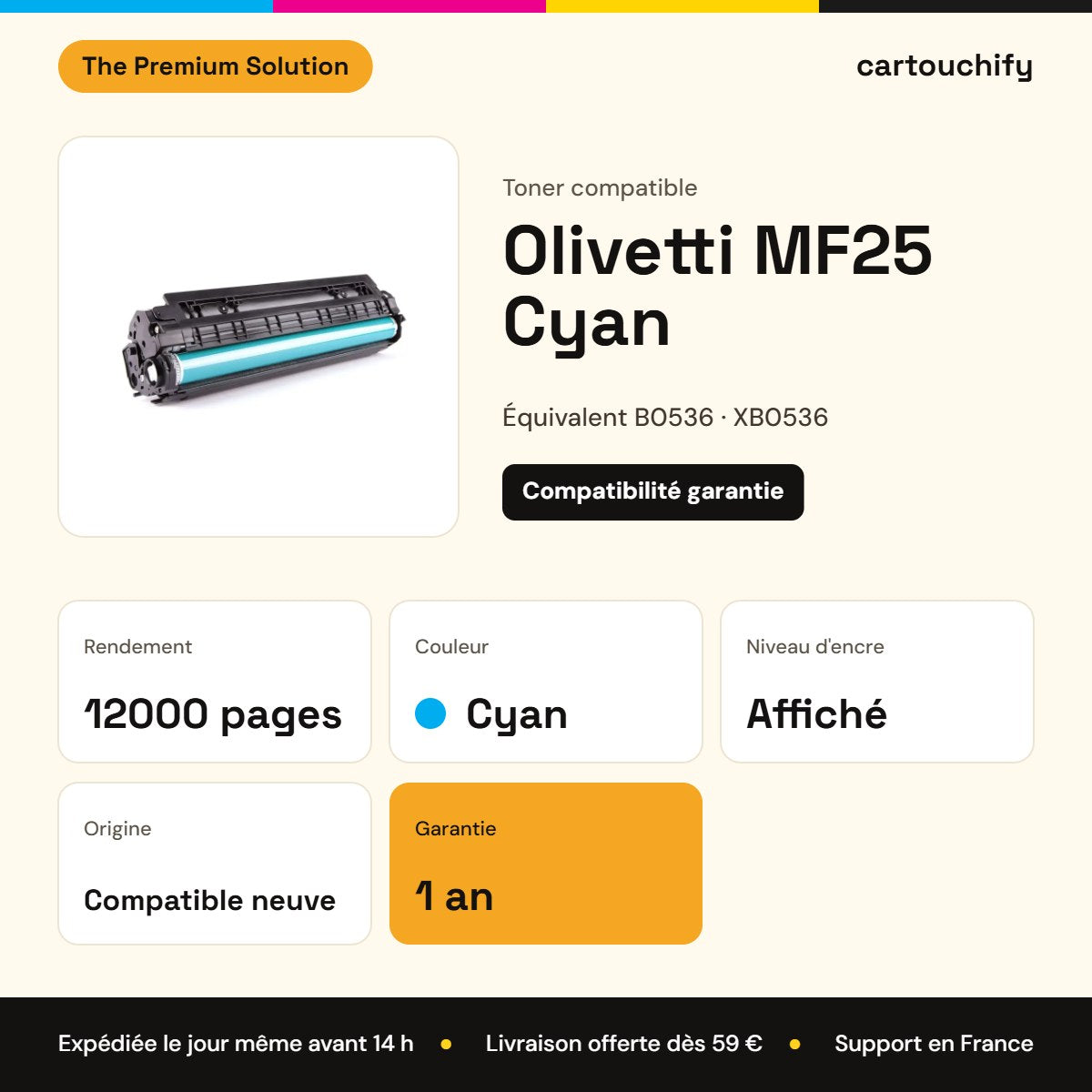 Olivetti MF25 Toner Cyan compatible équivalent à B0536, XB0536 : caractéristiques