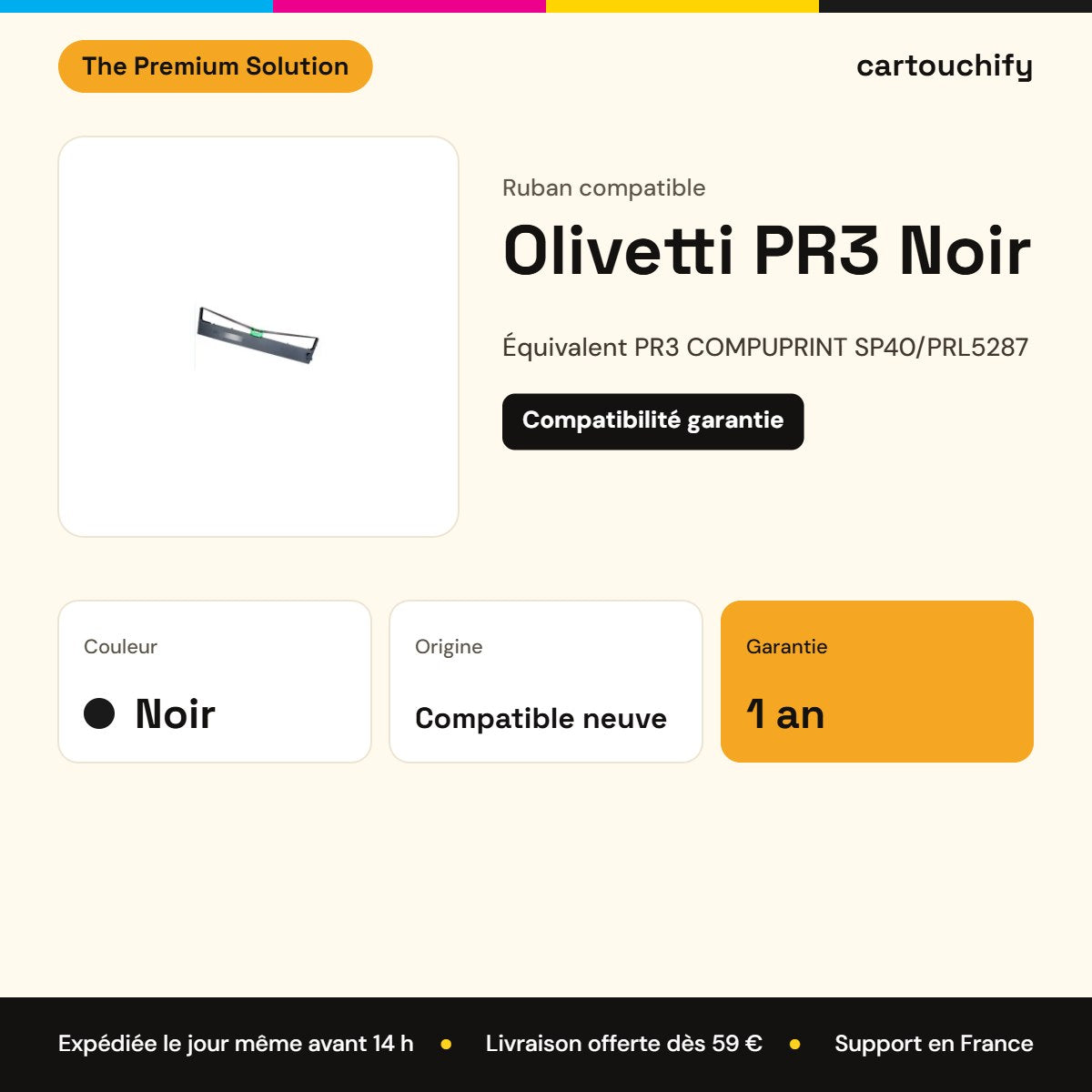 Olivetti PR3 Ruban Noir compatible équivalent à PR3 COMPUPRINT SP40, PRL5287 : caractéristiques