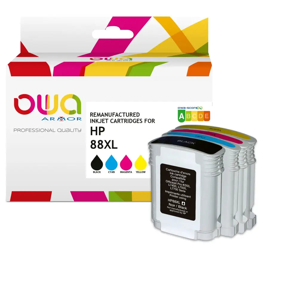 Pack 4 couleurs - HP 88XL - Cartouche compatible - haute capacité - Jet d’encre remanufacturé OWA