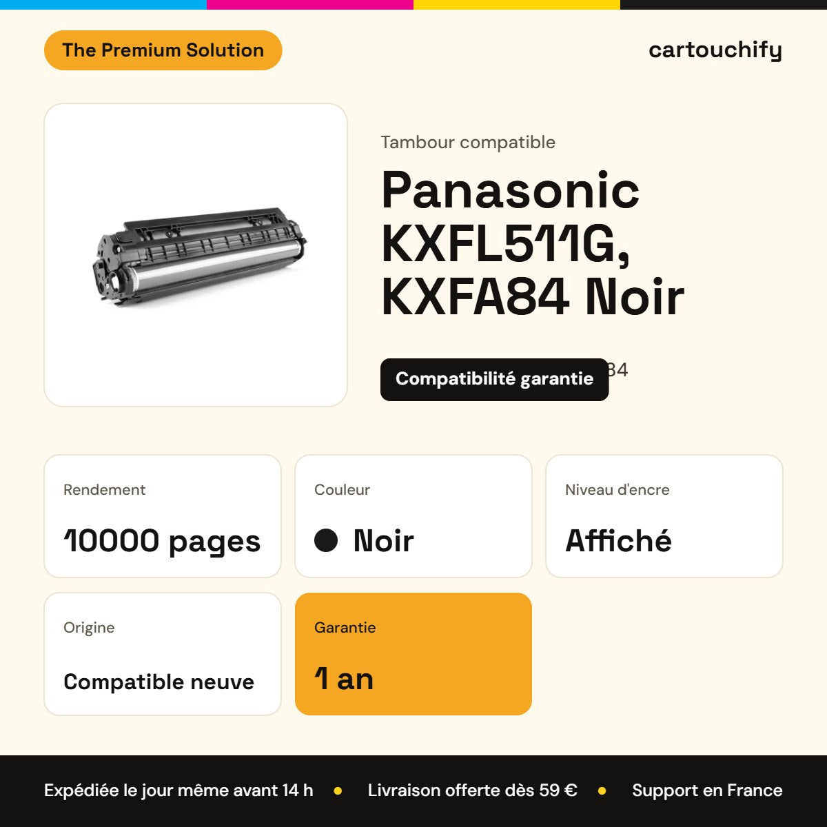 Panasonic KXFL511G, KXFA84 Tambour Noir compatible équivalent à XFL511G, XFA84 : caractéristiques