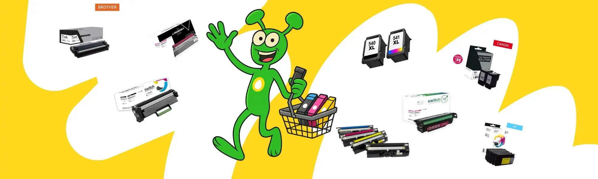 Personnage extraterrestre vert tenant un panier de cartouches d'imprimante.