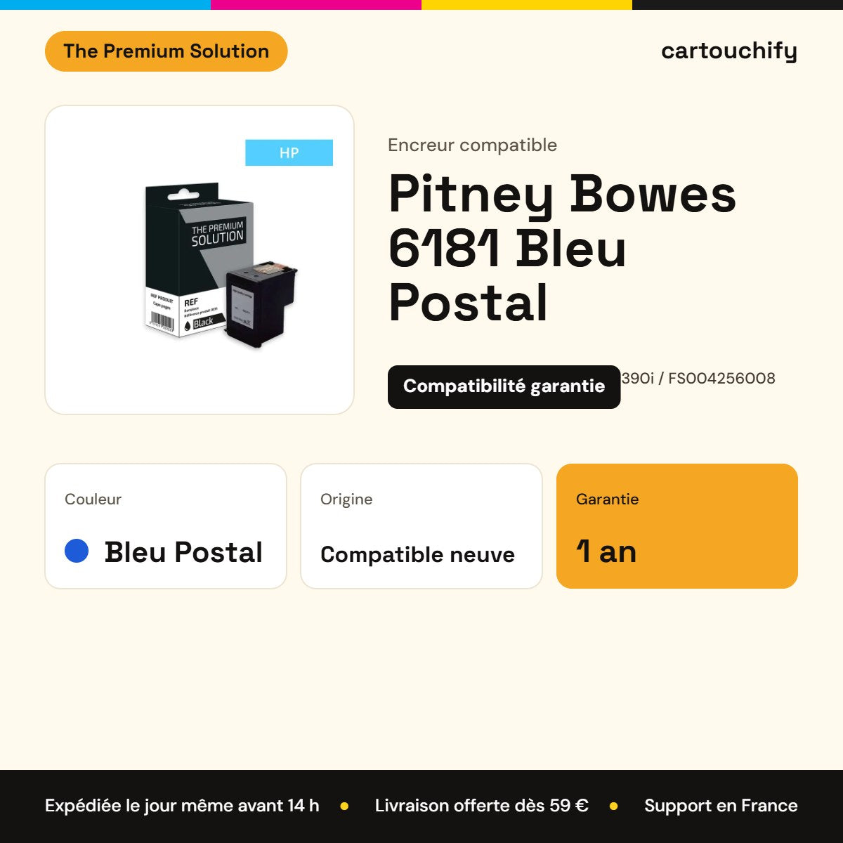 Pitney Bowes 6181 Encreur Noir compatible équivalent à àDE6181, DM210i 390i, FS004256008- Bleu Postal : caractéristiques