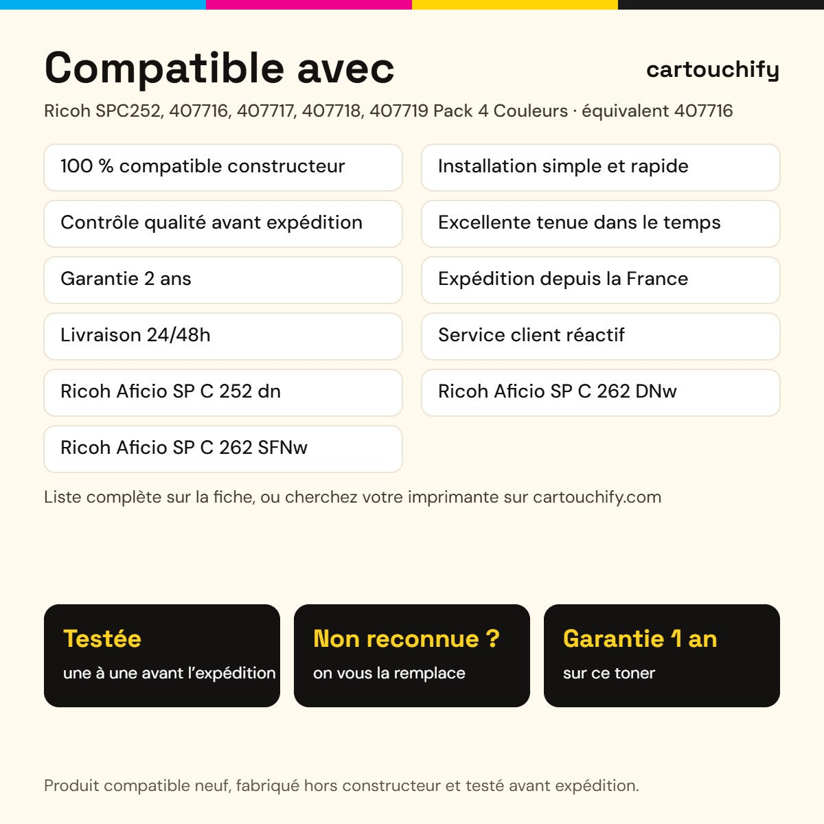 Imprimantes compatibles avec Ricoh SPC252, 407716, 407717, 407718, 407719 Toner Pack 4 Couleurs compatible